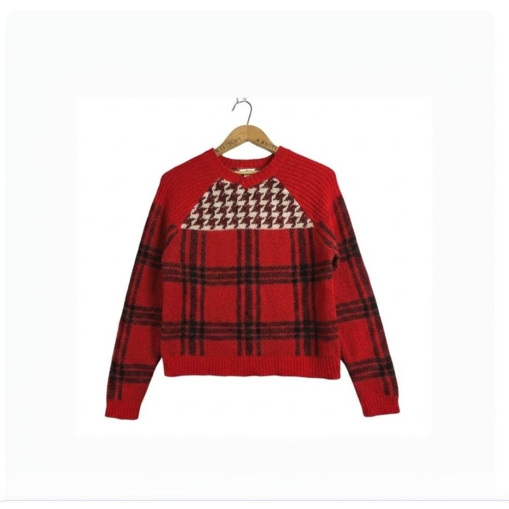 Woolrich Womens Red Plaid Houndstooth Mohair Wool Blend Sweater Size Small